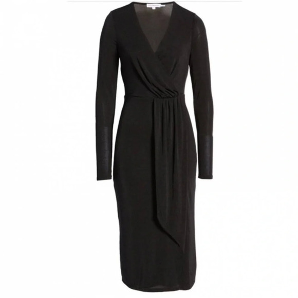 NWT GOOD AMERICAN Shimmer Long Sleeve Faux Wrap Dress In Black Size 0 (XS) - Picture 7 of 8